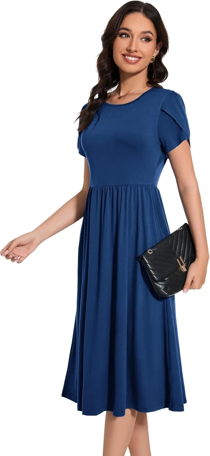 Women 2025 Summer Crewneck Ruffle Sleeve Midi Dress Casual Polka Dot Boho Long Dress Beach Sundress with Pockets