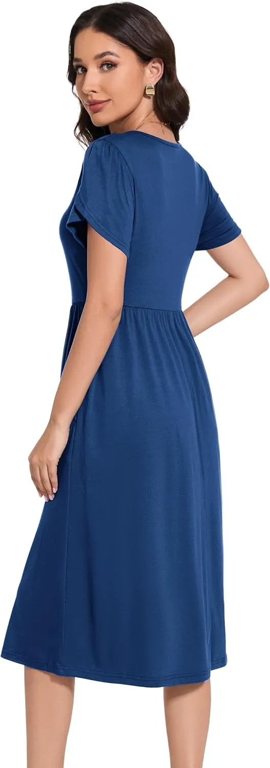 Women 2025 Summer Crewneck Ruffle Sleeve Midi Dress Casual Polka Dot Boho Long Dress Beach Sundress with Pockets