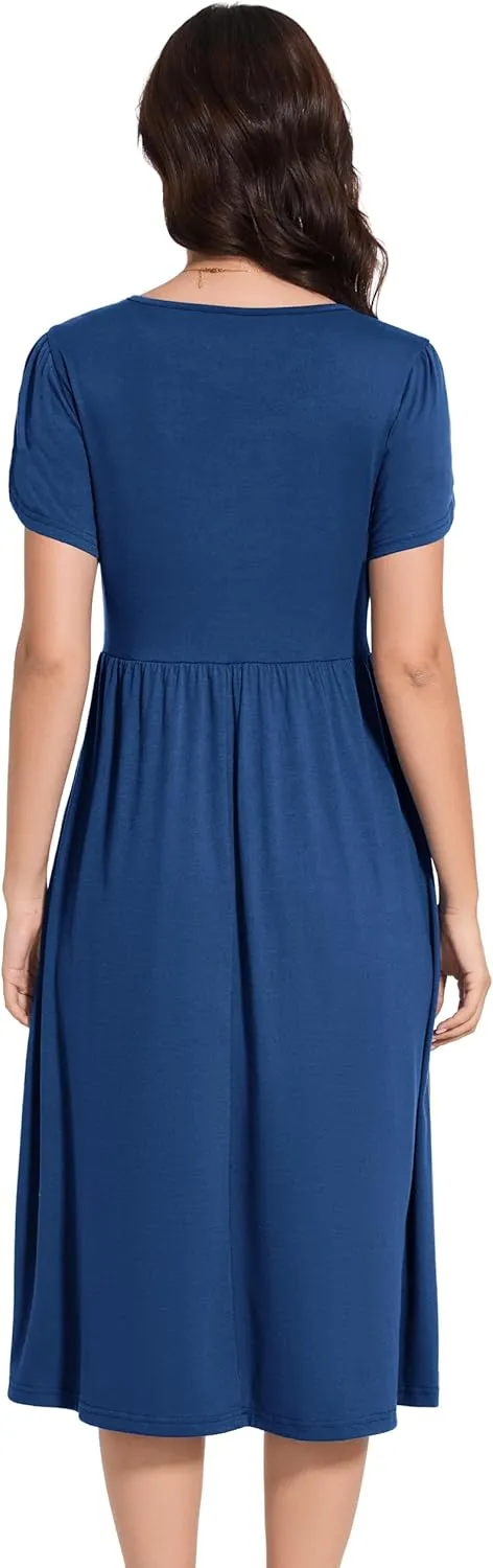 Women 2025 Summer Crewneck Ruffle Sleeve Midi Dress Casual Polka Dot Boho Long Dress Beach Sundress with Pockets