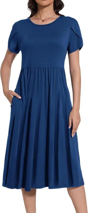 Women 2025 Summer Crewneck Ruffle Sleeve Midi Dress Casual Polka Dot Boho Long Dress Beach Sundress with Pockets