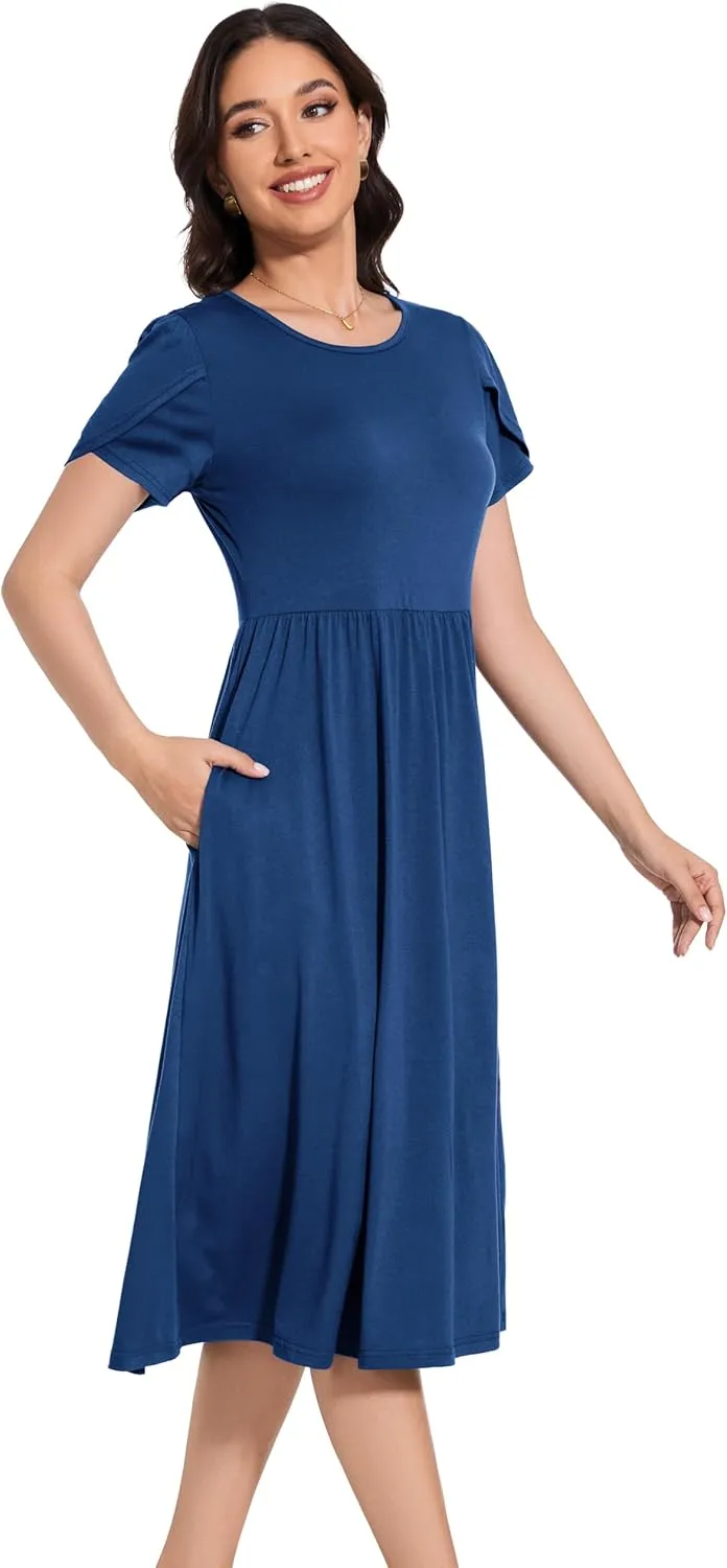 Women 2025 Summer Crewneck Ruffle Sleeve Midi Dress Casual Polka Dot Boho Long Dress Beach Sundress with Pockets