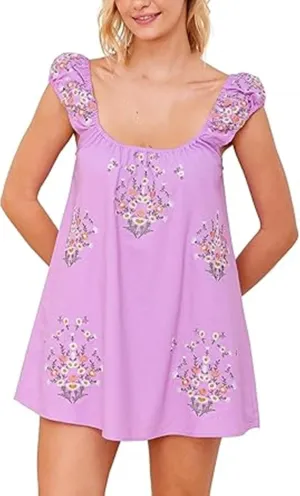 Women Babydoll Ruffle Mini Dress Y2k Puff Short Sleeve Square Neck Aline Loose Shift Vacation Beach Sun Dress