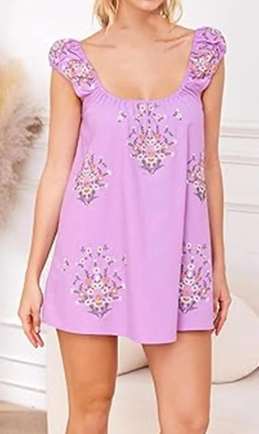 Women Babydoll Ruffle Mini Dress Y2k Puff Short Sleeve Square Neck Aline Loose Shift Vacation Beach Sun Dress