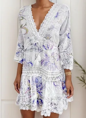 Women Boho Floral Deep V Neck Long Sleeve Dress Plus Size Casual Lace Flowy Swing Beach Vacation Tiered Sun Dress