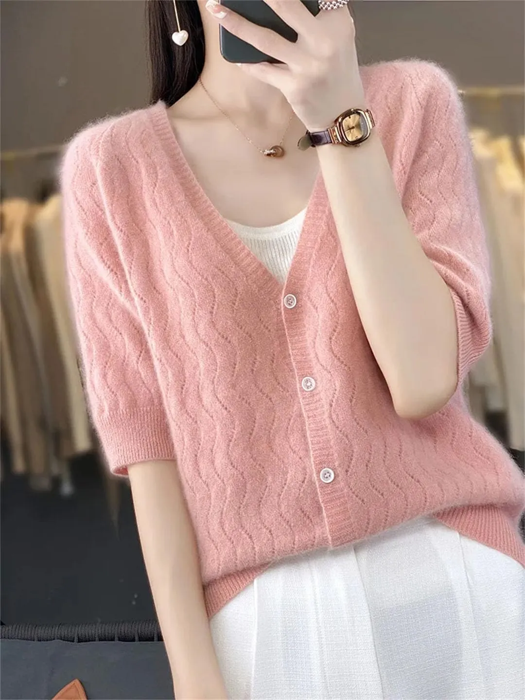 Women Cardigan V-Neck Half-Sleeve Sweater Hollow Out Soft Knitwear Women Clothing