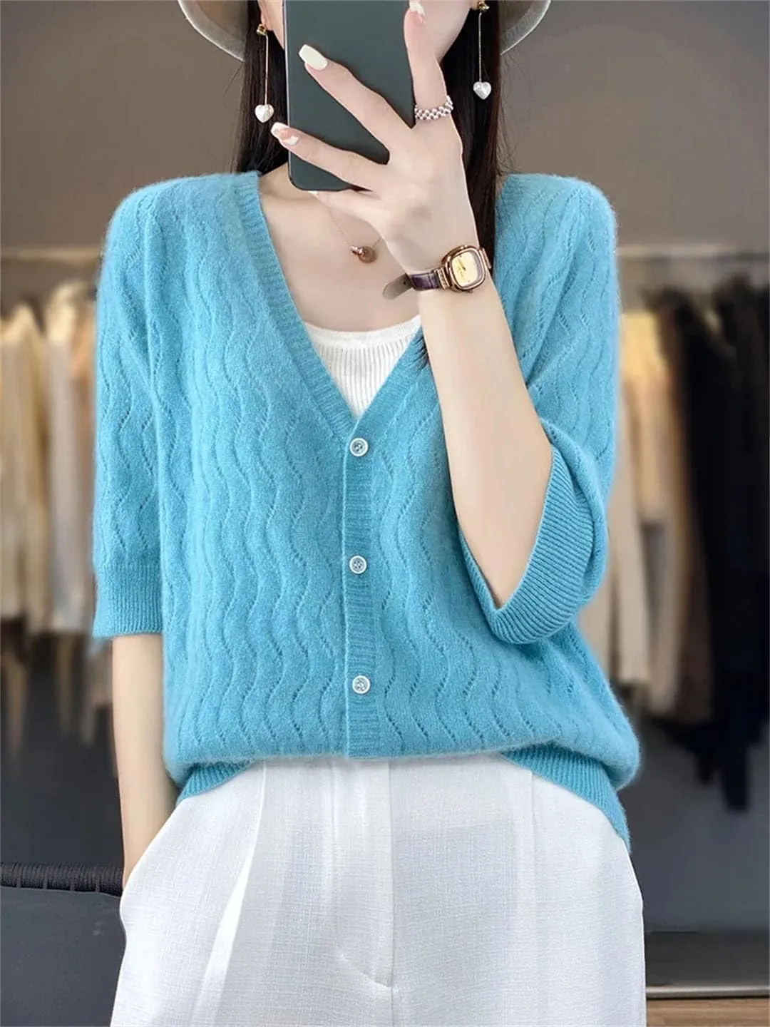 Women Cardigan V-Neck Half-Sleeve Sweater Hollow Out Soft Knitwear Women Clothing