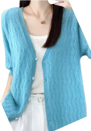 Women Cardigan V-Neck Half-Sleeve Sweater Hollow Out Soft Knitwear Women Clothing