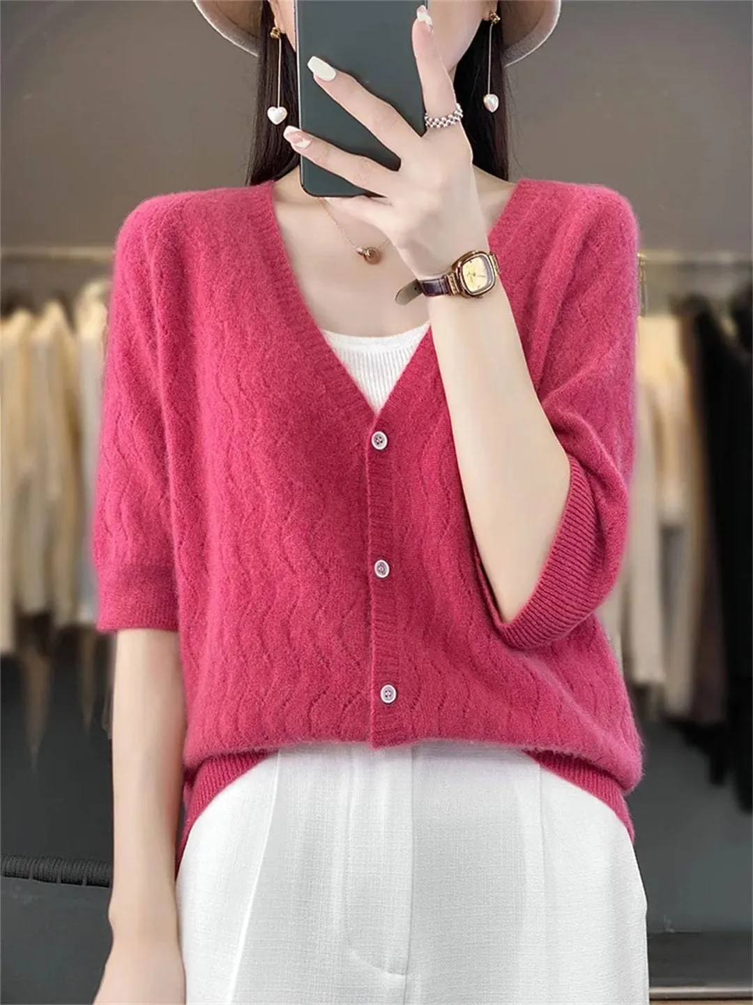 Women Cardigan V-Neck Half-Sleeve Sweater Hollow Out Soft Knitwear Women Clothing