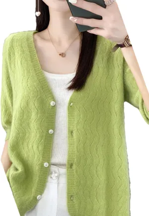 Women Cardigan V-Neck Half-Sleeve Sweater Hollow Out Soft Knitwear Women Clothing