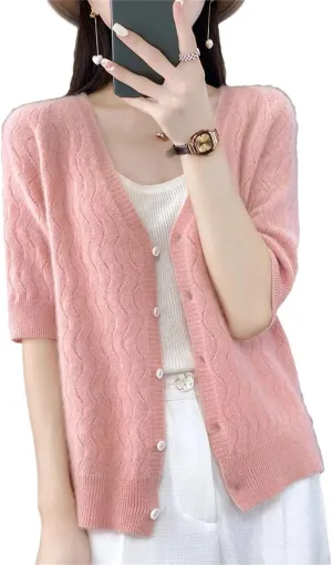 Women Cardigan V-Neck Half-Sleeve Sweater Hollow Out Soft Knitwear Women Clothing