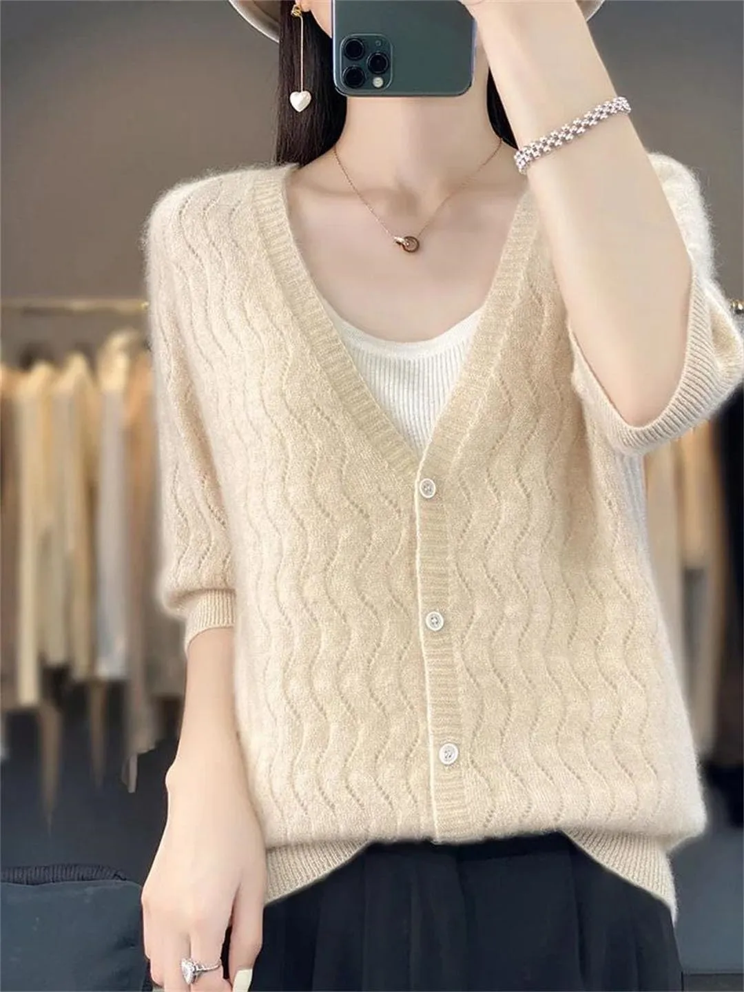 Women Cardigan V-Neck Half-Sleeve Sweater Hollow Out Soft Knitwear Women Clothing