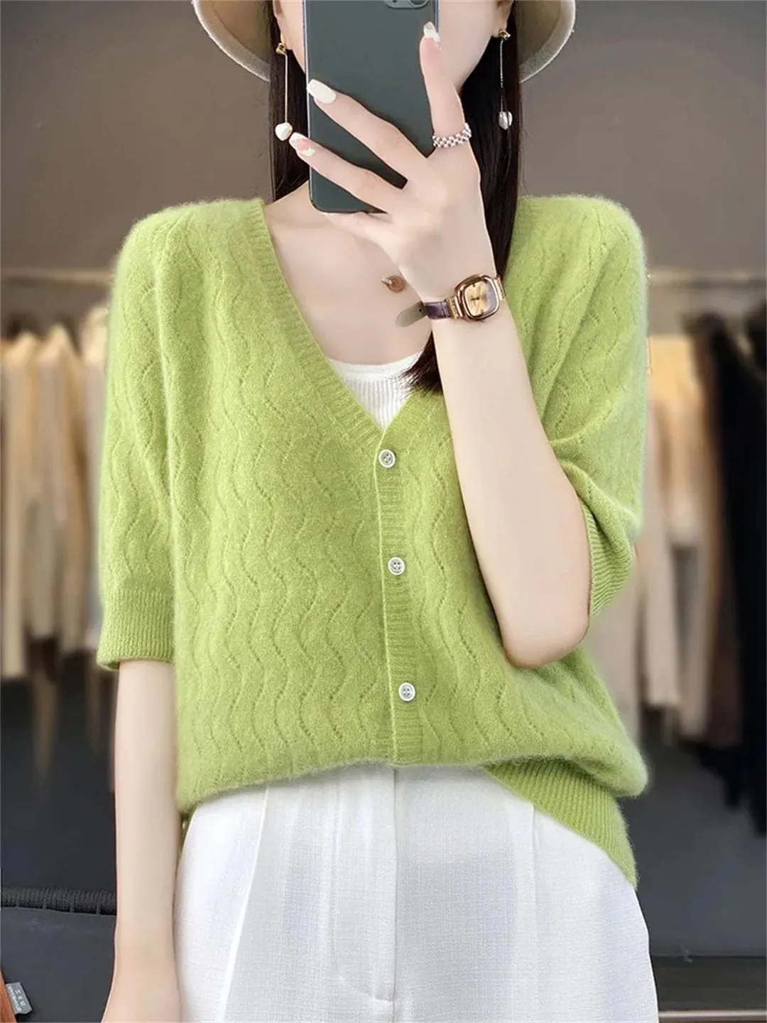 Women Cardigan V-Neck Half-Sleeve Sweater Hollow Out Soft Knitwear Women Clothing