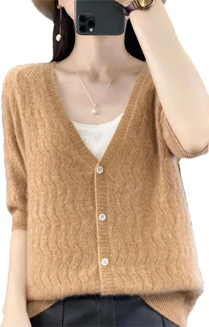 Women Cardigan V-Neck Half-Sleeve Sweater Hollow Out Soft Knitwear Women Clothing