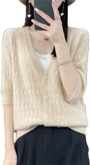 Women Cardigan V-Neck Half-Sleeve Sweater Hollow Out Soft Knitwear Women Clothing