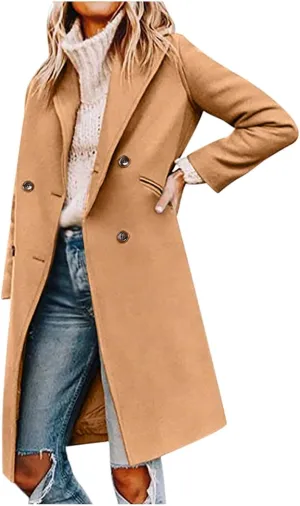 Women Elegant Notched Collar Double Breasted Pockets Wool Blend Over Coat Fall Winter Casual Peacoat Midi Trench Coats