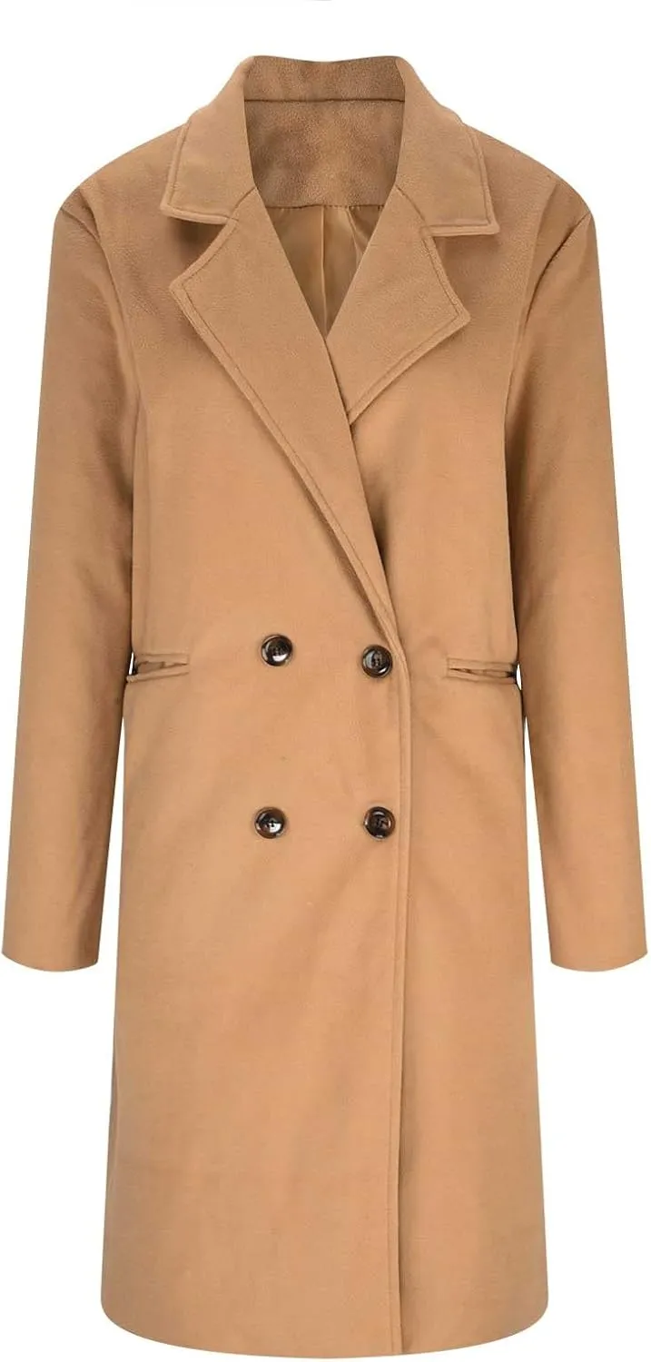 Women Elegant Notched Collar Double Breasted Pockets Wool Blend Over Coat Fall Winter Casual Peacoat Midi Trench Coats