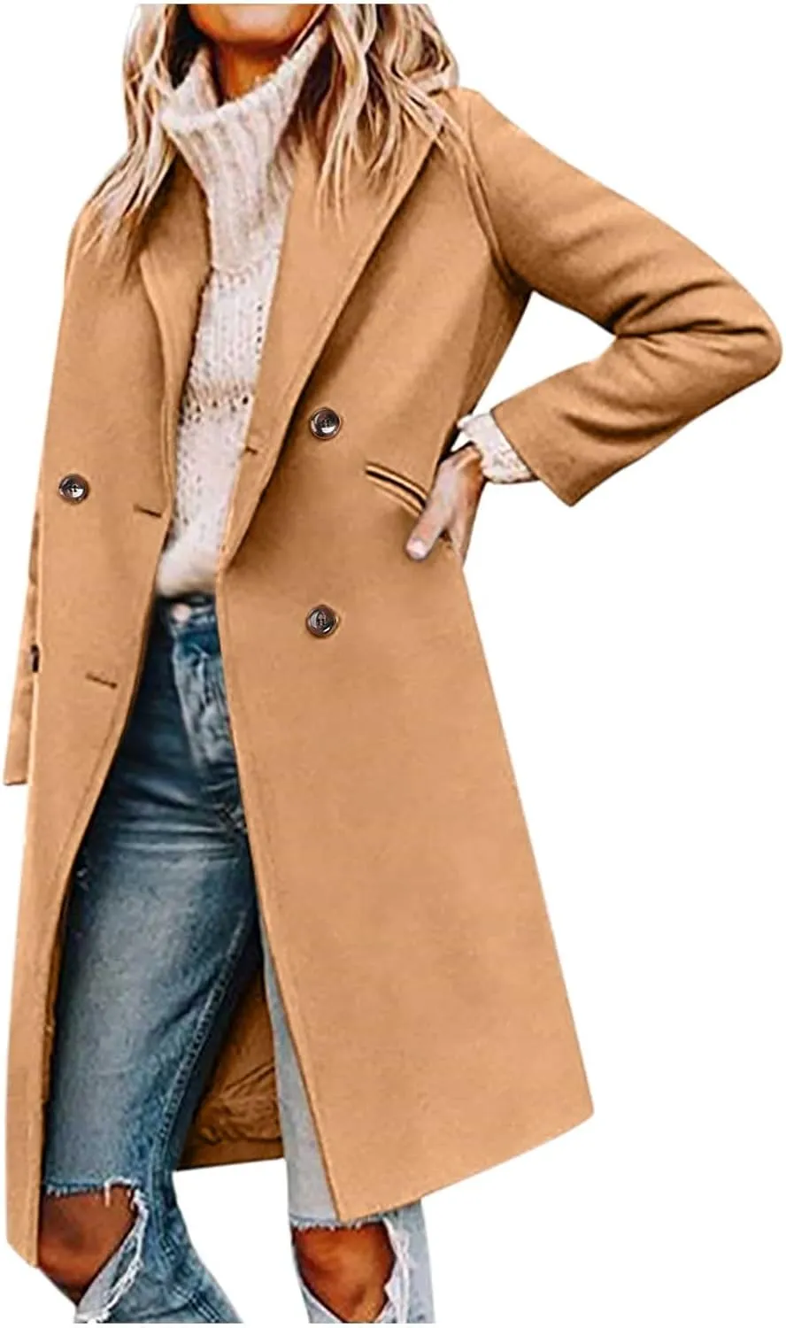 Women Elegant Notched Collar Double Breasted Pockets Wool Blend Over Coat Fall Winter Casual Peacoat Midi Trench Coats