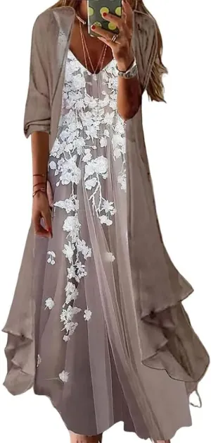 Women Floral Print Maxi Dresses Casual V Neck Flowy Dress with Cardigan Set Dressy Dress Summer Two Piece Sets