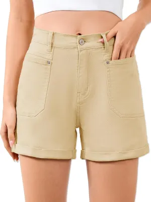 Women High Waisted Jean Shorts Stretchy Denim Shorts for Women Folded Hem Chino Shorts Summer Jorts