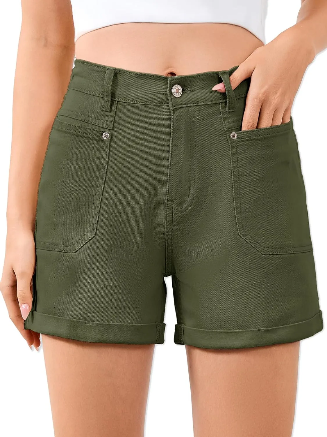 Women High Waisted Jean Shorts Stretchy Denim Shorts for Women Folded Hem Chino Shorts Summer Jorts