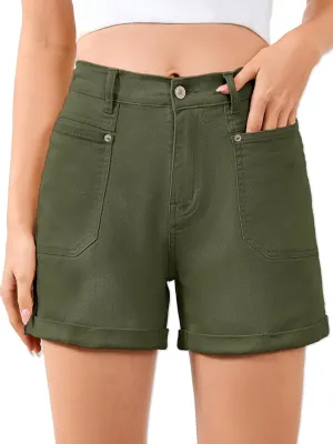 Women High Waisted Jean Shorts Stretchy Denim Shorts for Women Folded Hem Chino Shorts Summer Jorts