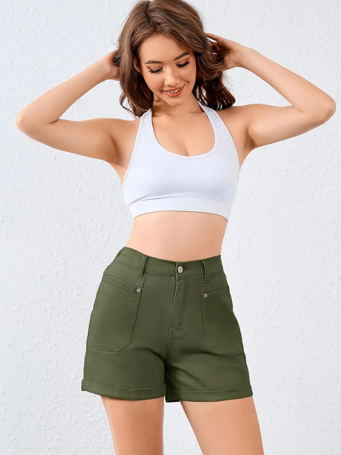 Women High Waisted Jean Shorts Stretchy Denim Shorts for Women Folded Hem Chino Shorts Summer Jorts