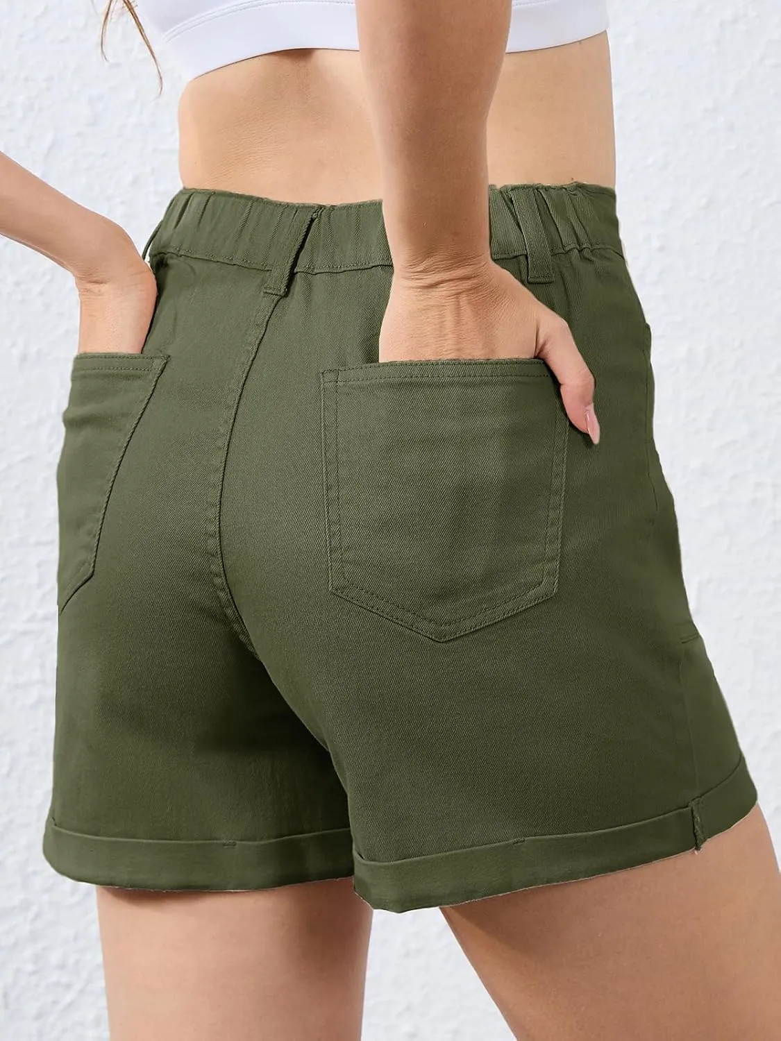 Women High Waisted Jean Shorts Stretchy Denim Shorts for Women Folded Hem Chino Shorts Summer Jorts