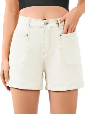 Women High Waisted Jean Shorts Stretchy Denim Shorts for Women Folded Hem Chino Shorts Summer Jorts