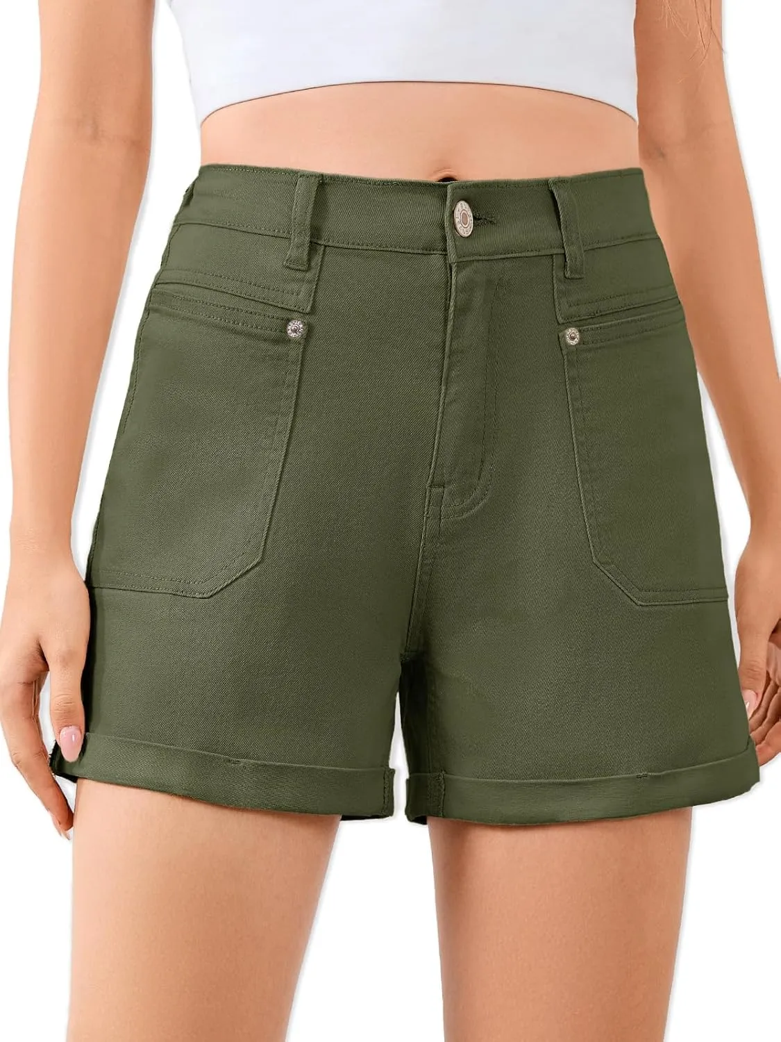 Women High Waisted Jean Shorts Stretchy Denim Shorts for Women Folded Hem Chino Shorts Summer Jorts