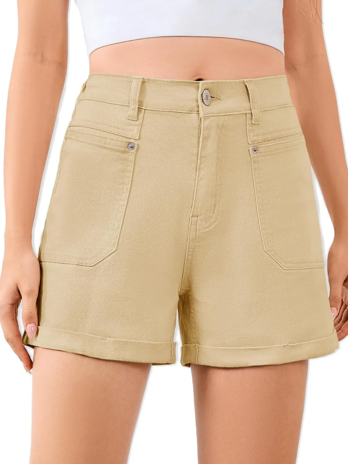 Women High Waisted Jean Shorts Stretchy Denim Shorts for Women Folded Hem Chino Shorts Summer Jorts