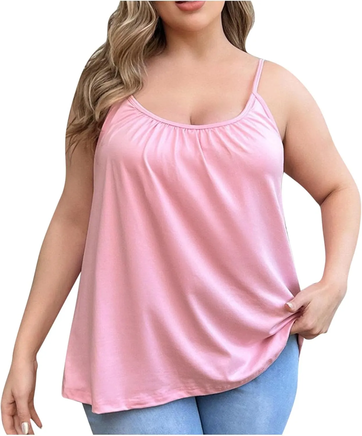 Women Oversized Cami Tops with Built in Bra Summer Thin Spaghetti Strap Camisole Casual Sleeveless Flowy Basic Tops