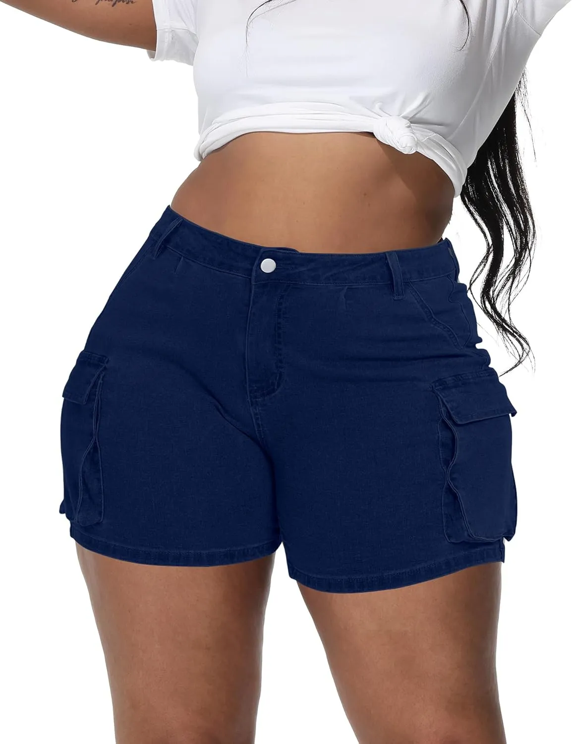 Women Plus Size Jean Shorts Stretchy Curvy Cargo Shorts High Waisted Streetwear Denim Shorts with Pockets