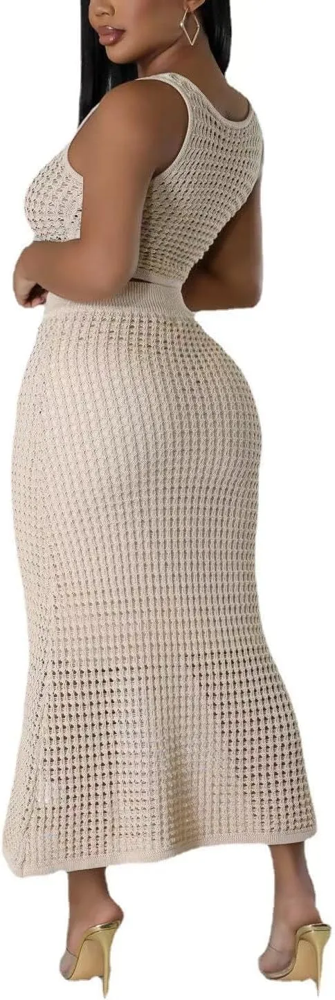 Women Plus Two-Piece Skirt Set Tassel Fishing Net Knittin Hollow Out Off Shoulder Beach Dresses Swimsuit Cover Ups