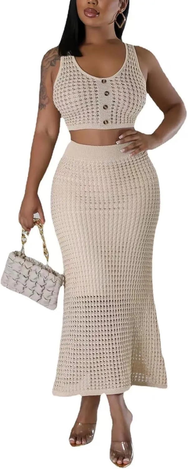 Women Plus Two-Piece Skirt Set Tassel Fishing Net Knittin Hollow Out Off Shoulder Beach Dresses Swimsuit Cover Ups