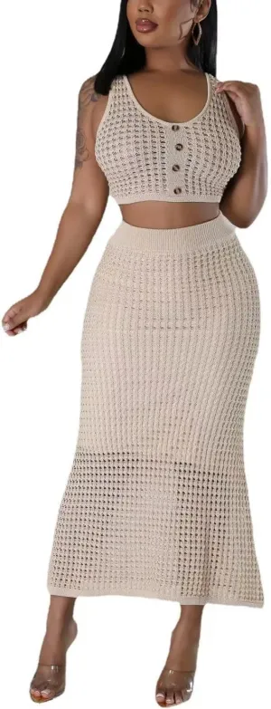 Women Plus Two-Piece Skirt Set Tassel Fishing Net Knittin Hollow Out Off Shoulder Beach Dresses Swimsuit Cover Ups
