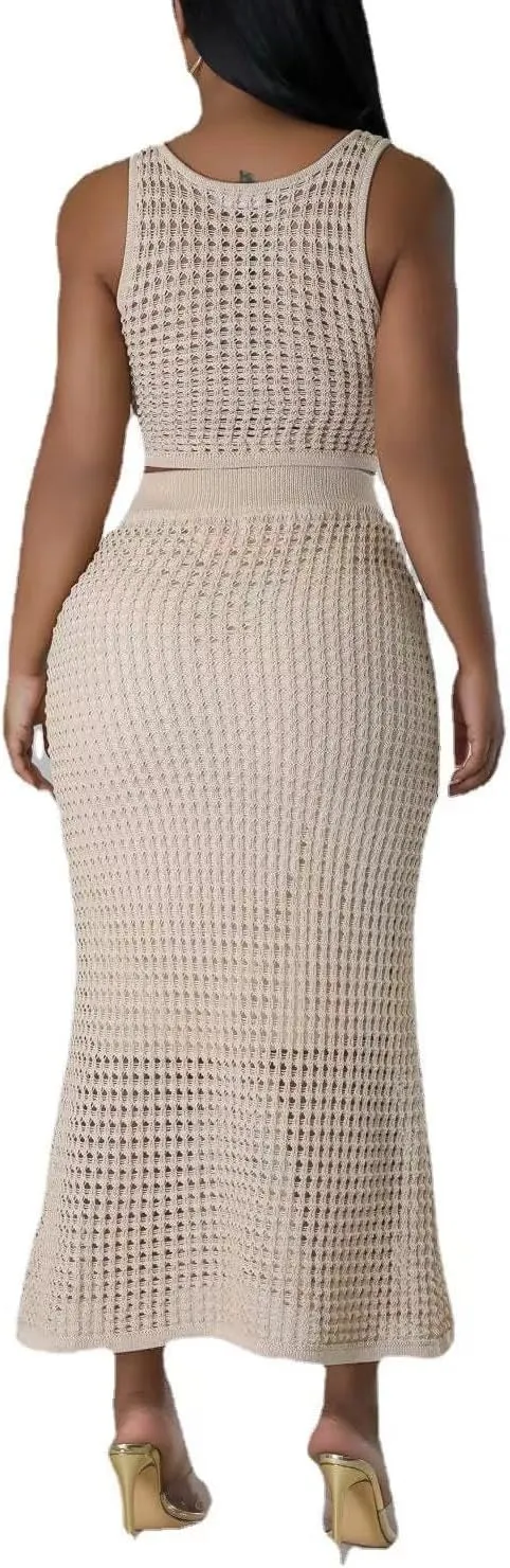 Women Plus Two-Piece Skirt Set Tassel Fishing Net Knittin Hollow Out Off Shoulder Beach Dresses Swimsuit Cover Ups