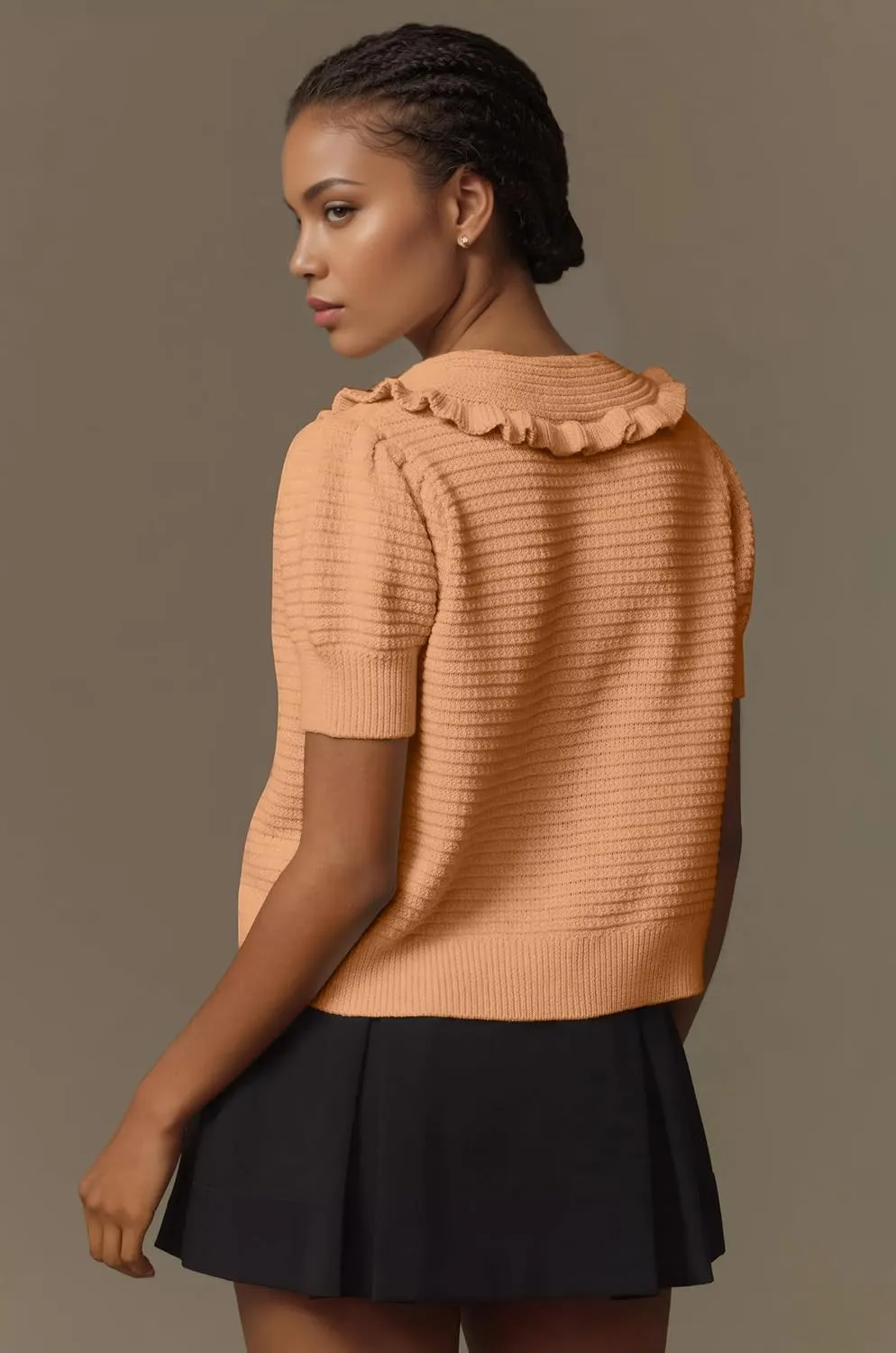 Women Ruffle Collar Short Puff Sleeve Cardigans Casual Loose Button Down Open Front Knit Summer Cardigan Sweater Top