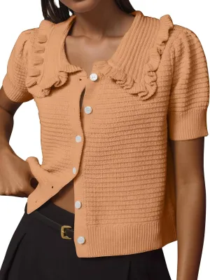 Women Ruffle Collar Short Puff Sleeve Cardigans Casual Loose Button Down Open Front Knit Summer Cardigan Sweater Top