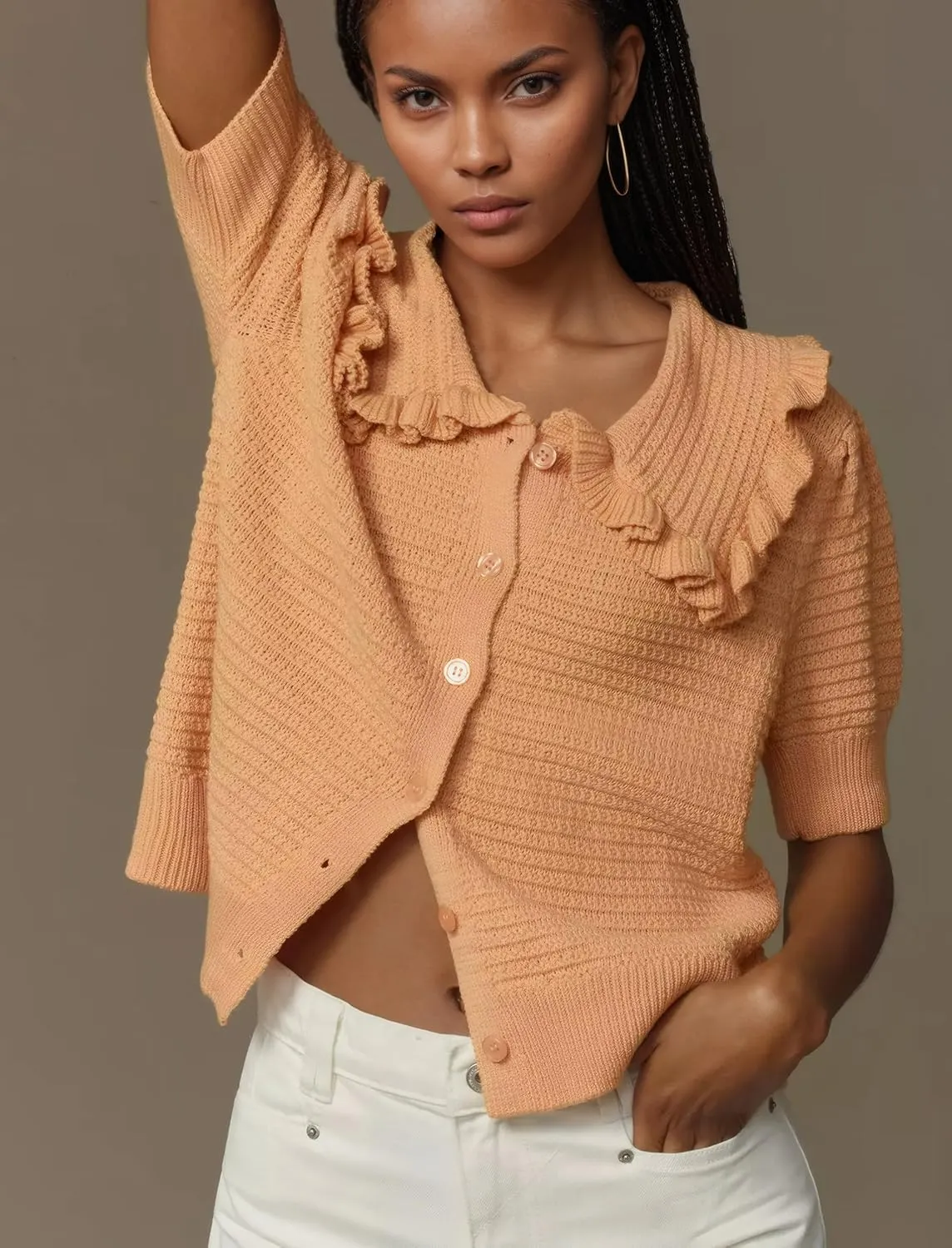 Women Ruffle Collar Short Puff Sleeve Cardigans Casual Loose Button Down Open Front Knit Summer Cardigan Sweater Top