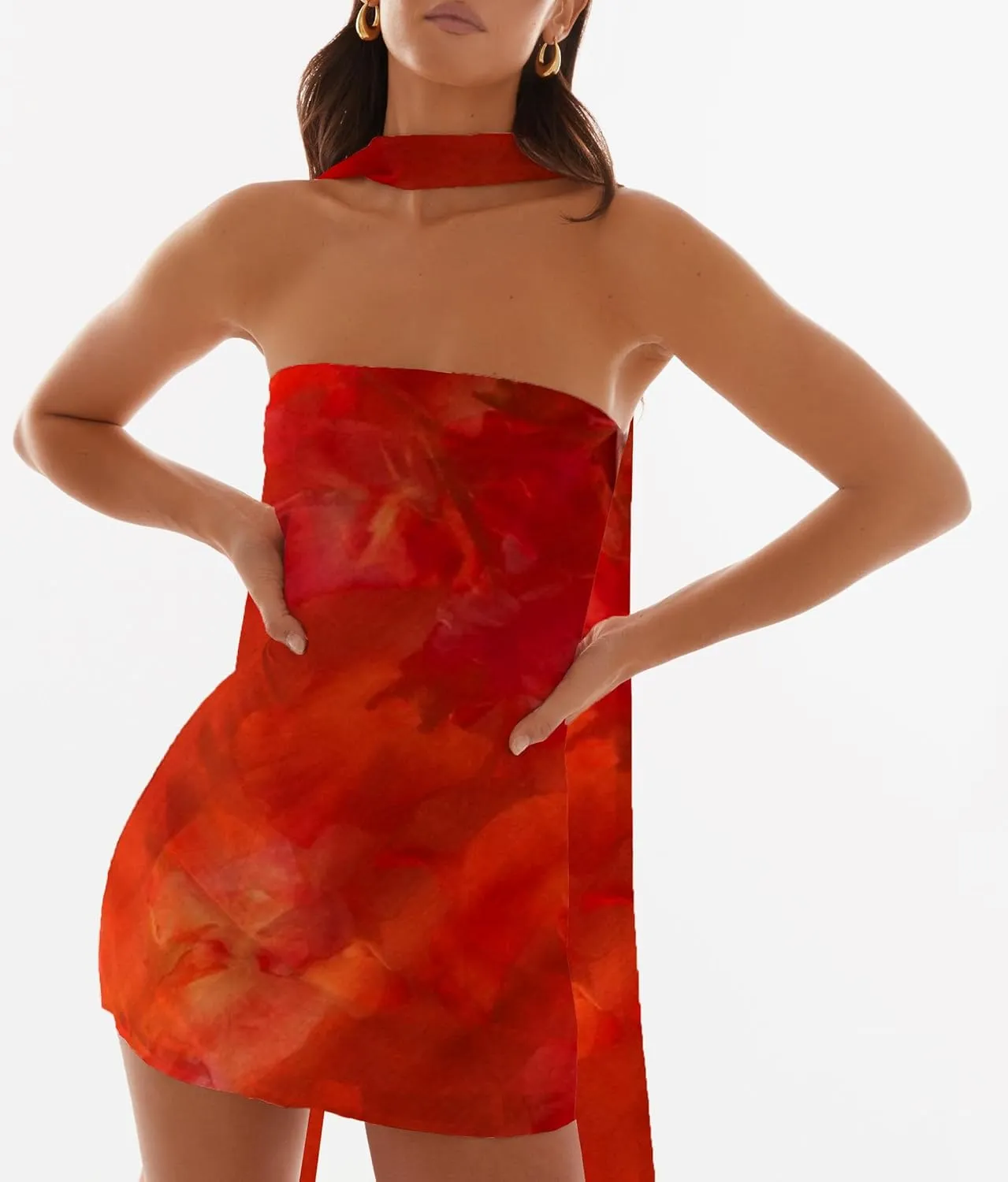 Women Ruffle Floral Strapless Mini Dress Y2K Mesh A Line Short Dress Cute Floral Scarf Tube Dresses Vacation Beach