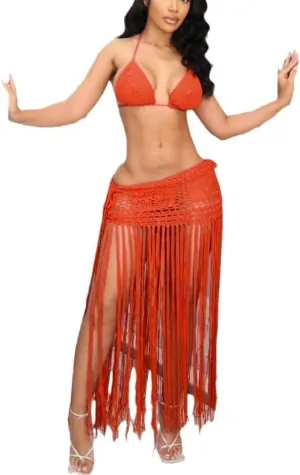 Women Sexy Plus Two Piece Skirt Set Tassel Fishing Net Knittin Hollow Out Off Bikini Shoulder Beach Dresses