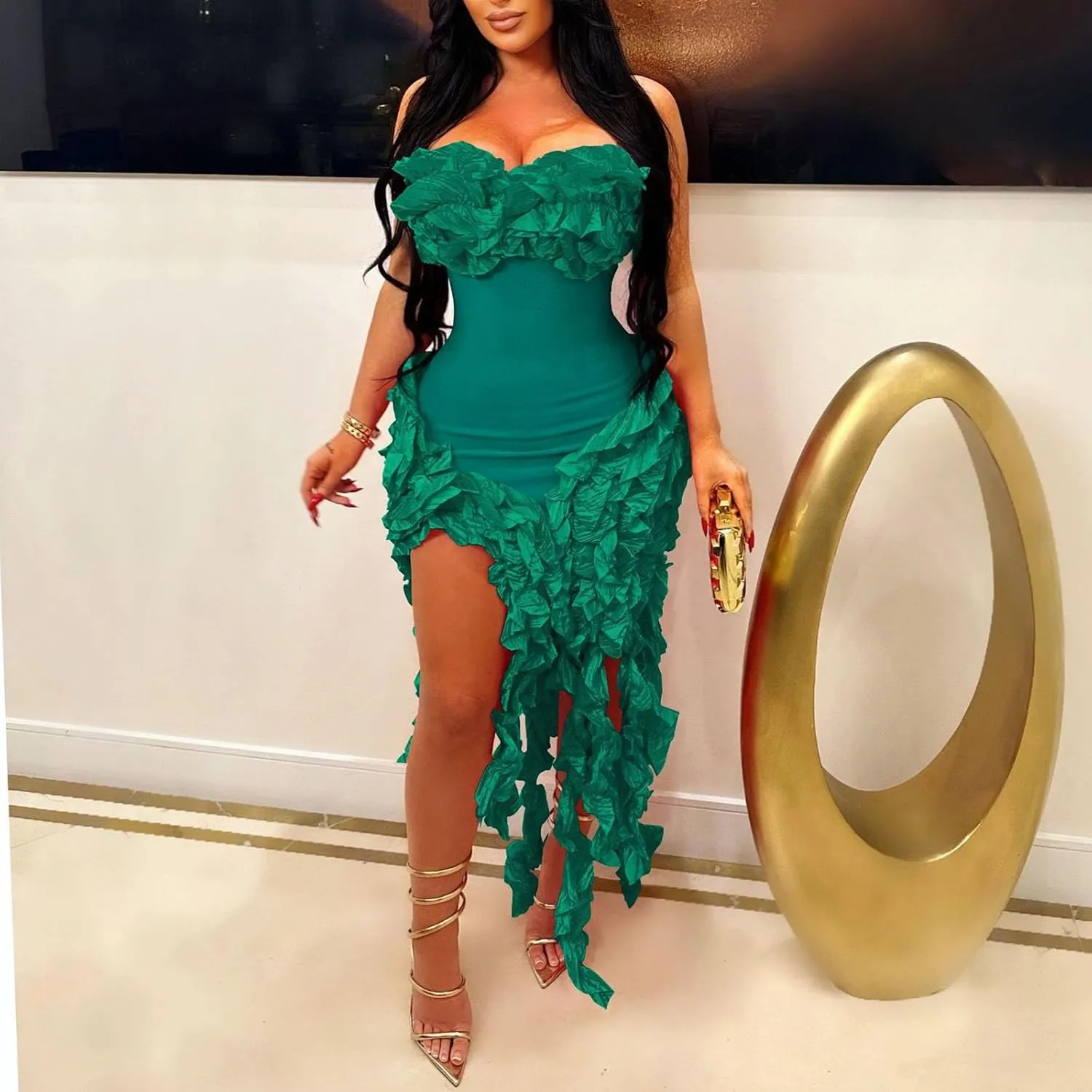 Women Sexy Strapless Bodycon Dress Ruffle Bandage Fringe Cocktail Dresses Irregular Hem Slim Party Club Mini Dress
