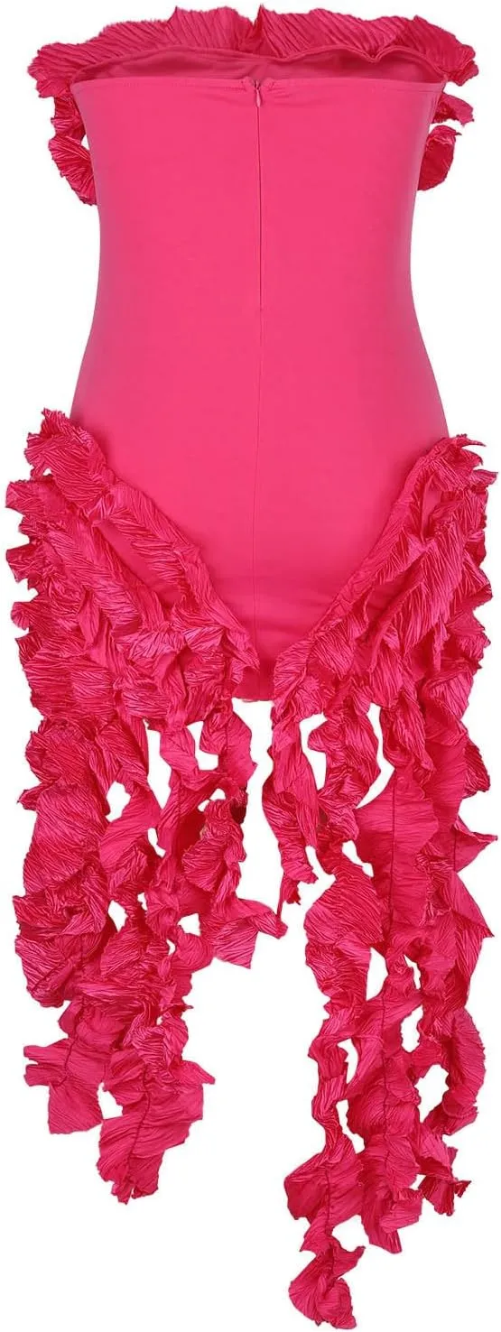 Women Sexy Strapless Bodycon Dress Ruffle Bandage Fringe Cocktail Dresses Irregular Hem Slim Party Club Mini Dress
