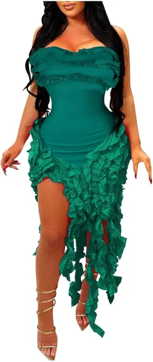Women Sexy Strapless Bodycon Dress Ruffle Bandage Fringe Cocktail Dresses Irregular Hem Slim Party Club Mini Dress