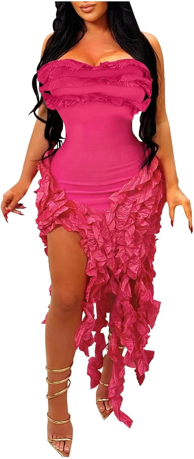 Women Sexy Strapless Bodycon Dress Ruffle Bandage Fringe Cocktail Dresses Irregular Hem Slim Party Club Mini Dress