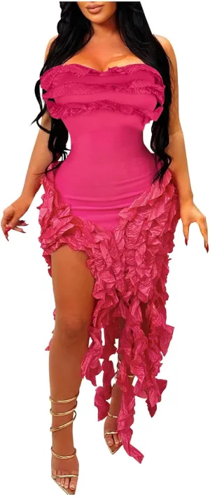Women Sexy Strapless Bodycon Dress Ruffle Bandage Fringe Cocktail Dresses Irregular Hem Slim Party Club Mini Dress