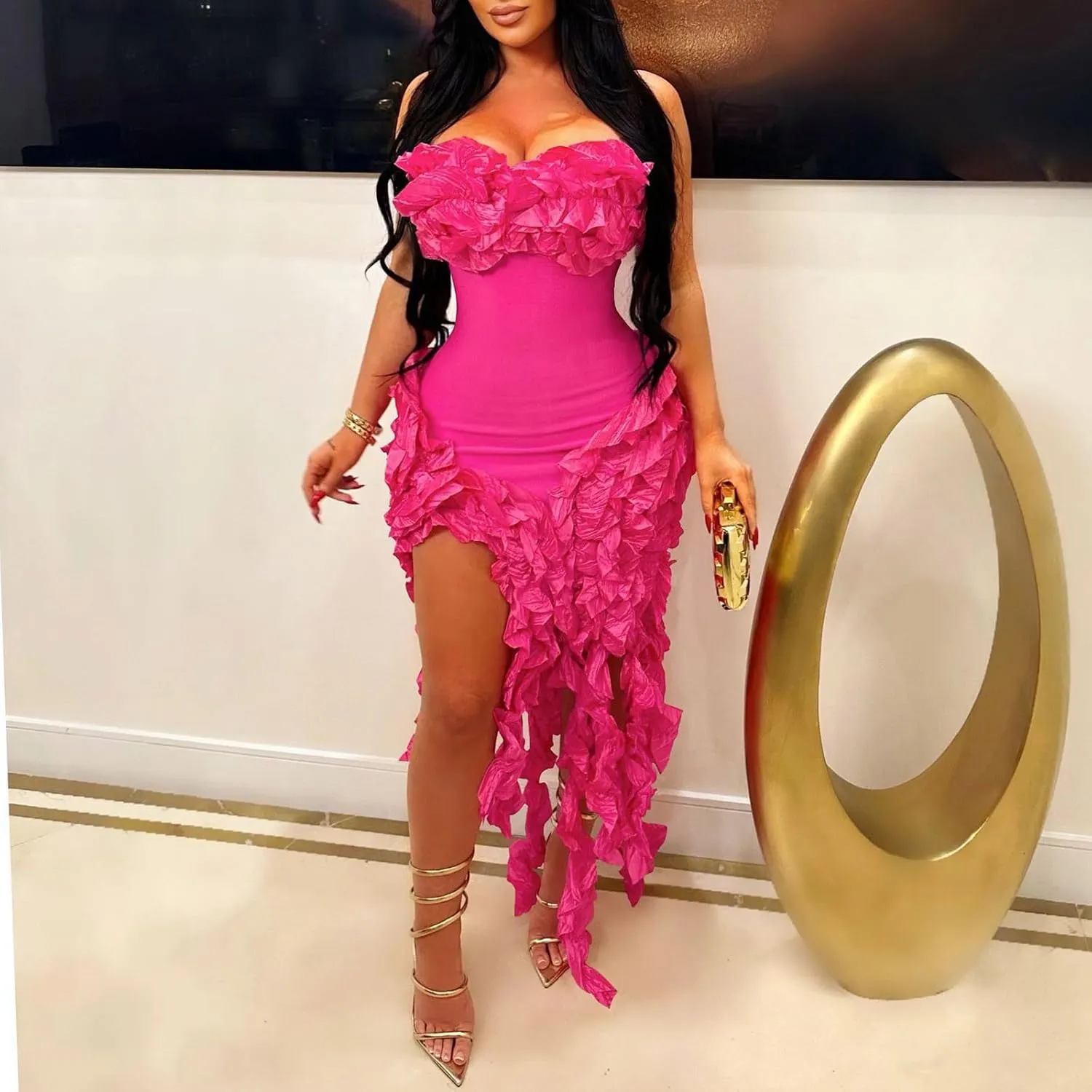 Women Sexy Strapless Bodycon Dress Ruffle Bandage Fringe Cocktail Dresses Irregular Hem Slim Party Club Mini Dress