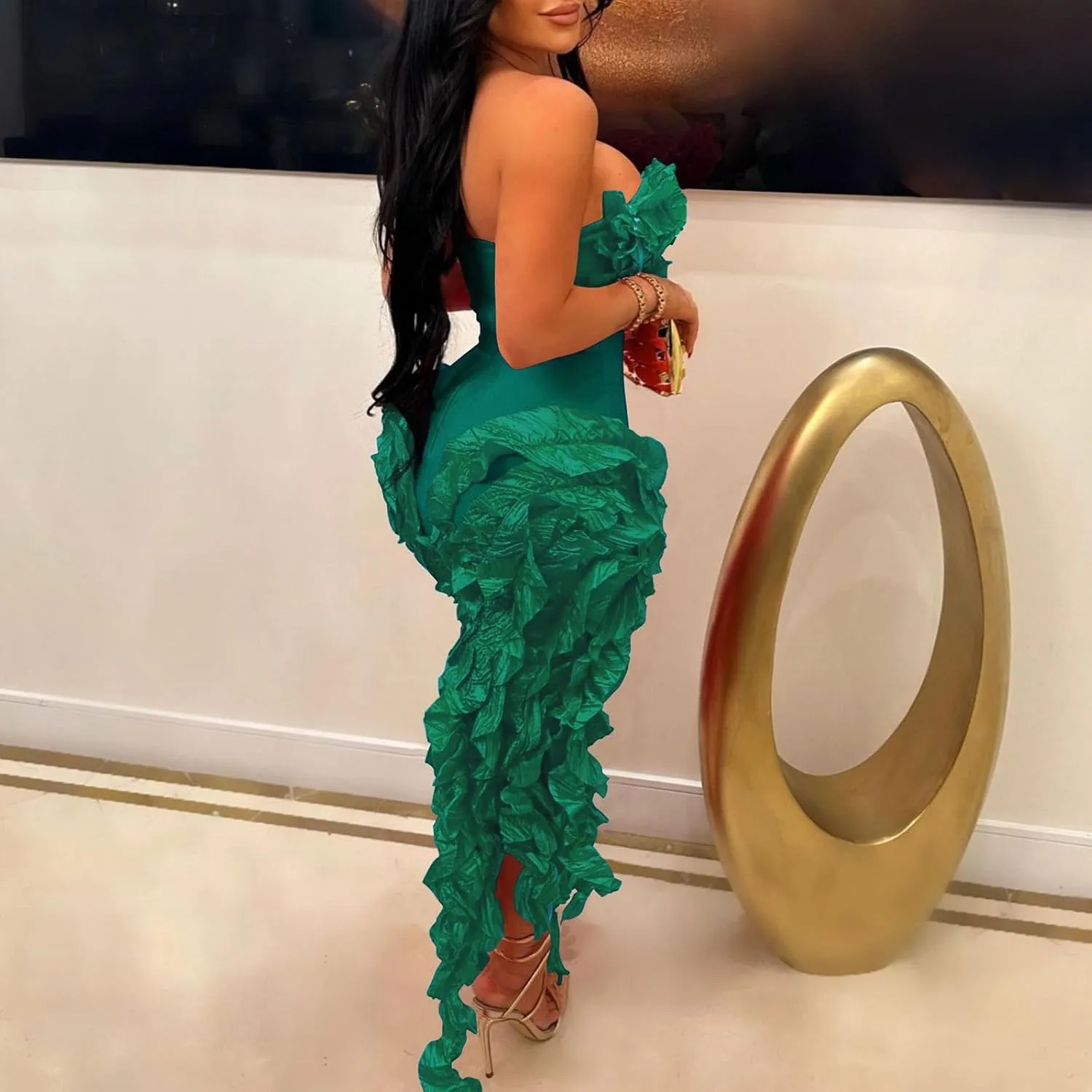 Women Sexy Strapless Bodycon Dress Ruffle Bandage Fringe Cocktail Dresses Irregular Hem Slim Party Club Mini Dress