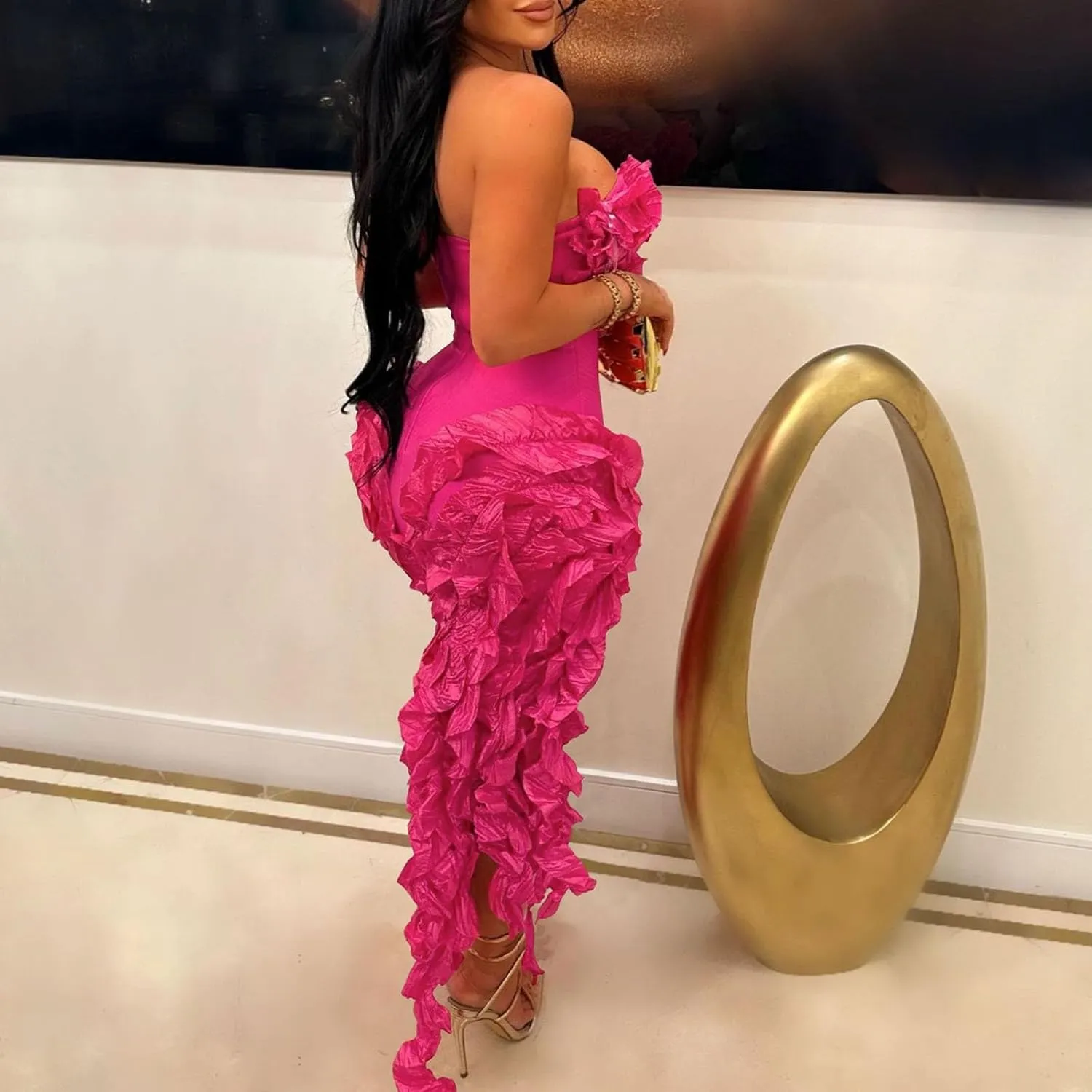 Women Sexy Strapless Bodycon Dress Ruffle Bandage Fringe Cocktail Dresses Irregular Hem Slim Party Club Mini Dress