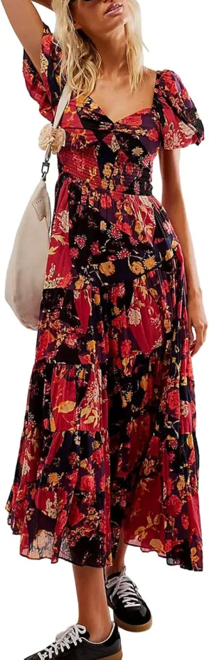 Women Summer Boho Floral Maxi Dress Square Neck Puff Sleeve Long Dress Smocked Flowy Beach Sundress